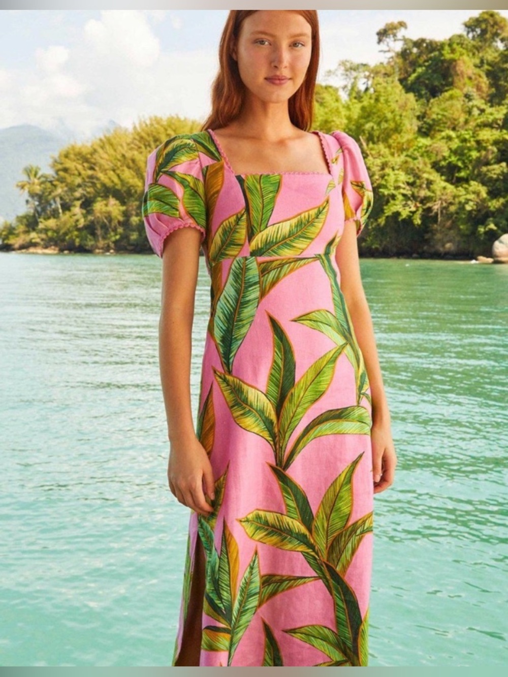 FARM Rio Pink Foliage Cross Back Linen Dress  XS LIKE NEW 🌴💗